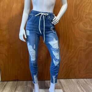Shein Distressed Skinny Blue Jeans with drawstring closure Size M